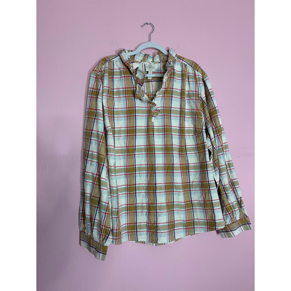 St Johns Bay Womens 3X Plaid Ruffle Neck Blouse Long Sleeve Cotton NWT
